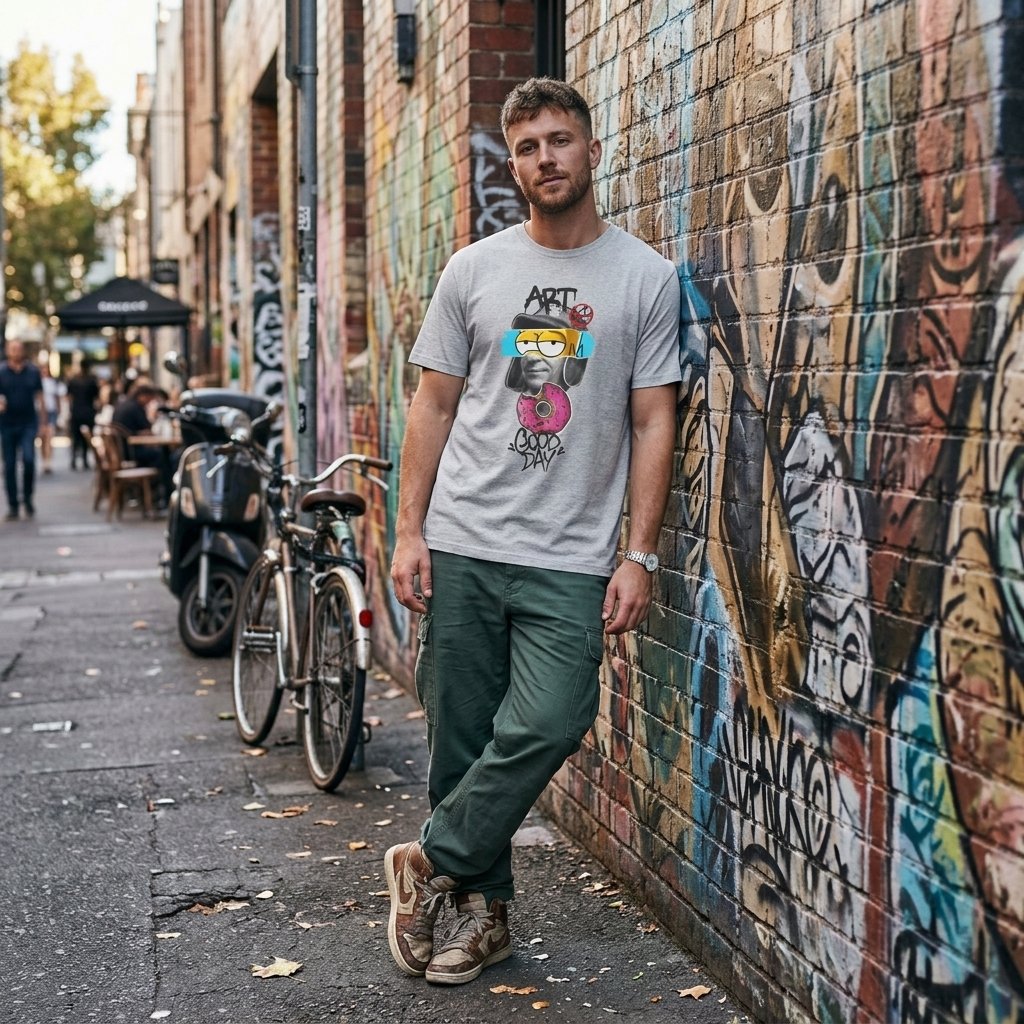 Art Donut T-Shirt — Retro Streetwear Graphic Tee with ‘Art’ and ‘Good Day’ Design